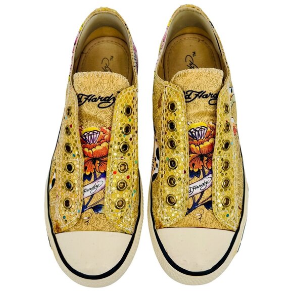 Vtg Y2K Ed Hardy Yellow Canvas Sneakers| McBling Grunge Sleaze Baddie Streetwear - Picture 5 of 16